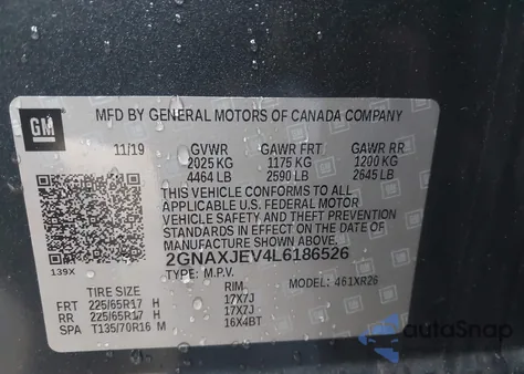 2020 Chevrolet Equinox Fwd 2Fl z USA, uszkodzony, nr VIN 2GNAXJEV4L6186526